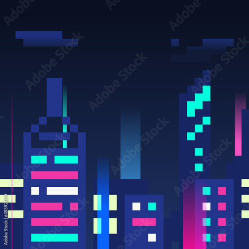 Pixelated of Night City, With Neon Lights glowing and skyscrapers