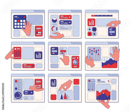 Build interface. Hands holding different ui geometrical elements application construction garish vector web page design concept