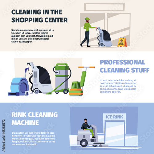 Cleaning services banners. Industrial workers team do cleaning with mops detergents clean floor garish vector printing templates with place for text