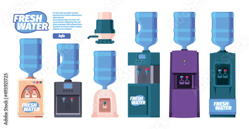 Water coolers. Tanks with cold and hot drinking water stationary systems for office workers garish vector colored flat illustrations