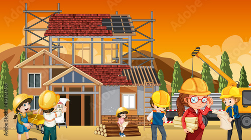 Building house construction site and workers