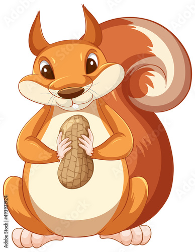 Cute cartoon squirrel holding peanut on white background