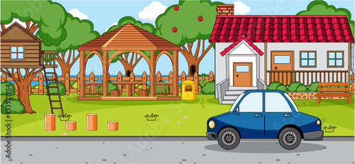 Outdoor scene with doodle house cartoon