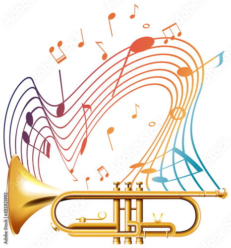 Music notes rainbow colourful with trumpet on white background
