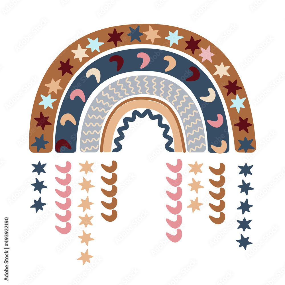 Cheerful rainbow with a colorful rain of stars and moon. Childish abstract rainbow design for birthday invitation or baby shower, print on t-shirts, cards. Cheerful rainbow with a colorful rain of stars and moon. Childish abstract rainbow design for birthday invitation or baby shower, print on t-shirts, cards.