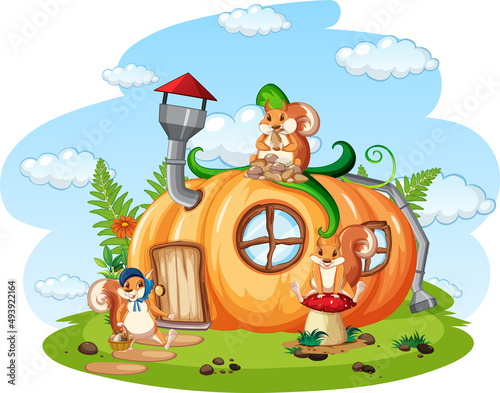 Three squirrels at pumpkin house