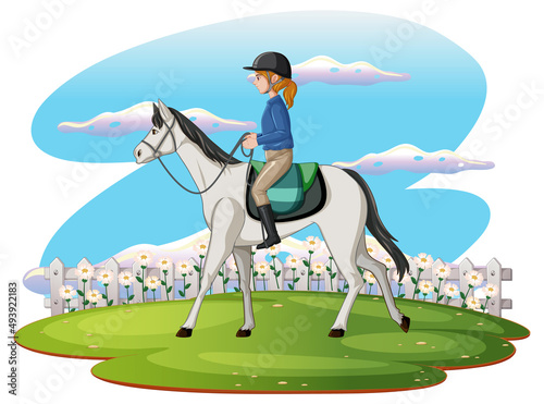 A scene of girl riding on a horse