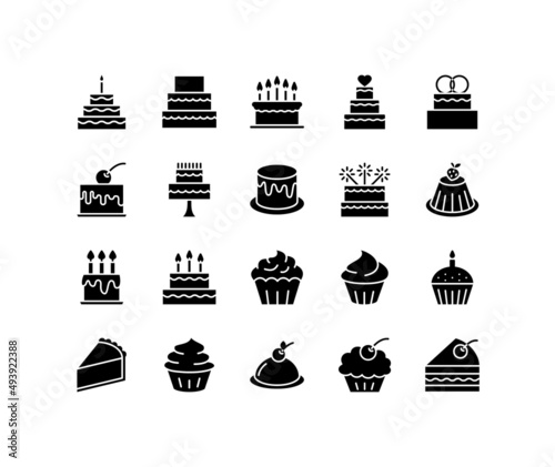 Cake flat line icons set. Sweet dessert of birthday baking, wedding cake, cup cake. Simple flat vector illustration for web site or mobile app