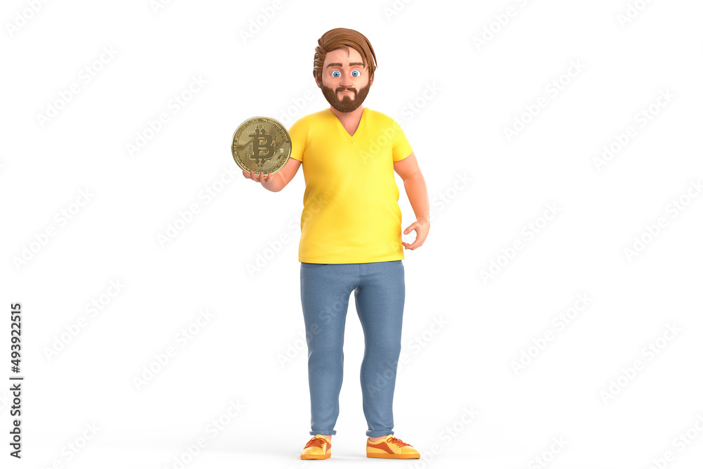 Man holding Bitcoin coin. 3D illustration Man holding Bitcoin coin. 3D illustration