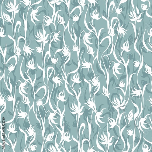 Seamless vector pattern of fused floral elements superimposed on each other. White and pastel blue colors.