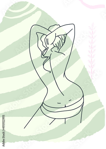 Print, poster, naked girl standing backwards, raising her hands up, female figure, vector, sketch on the background of abstract spots of light green color, striped.