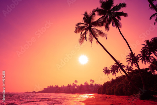 Fototapeta Naklejka Na Ścianę i Meble -  Tropical coconut palm trees silhouettes on ocean beach at sunset with shining sun