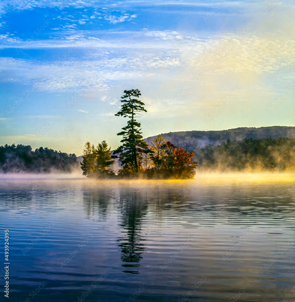 Fog on Maine lake, sunrise