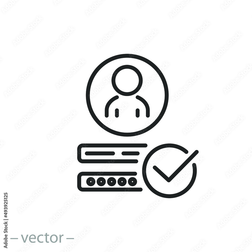create your account icon, user registration form, login and password data, thin line symbol on white background - editable stroke vector illustration create your account icon, user registration form, login and password data, thin line symbol on white background - editable stroke vector illustration