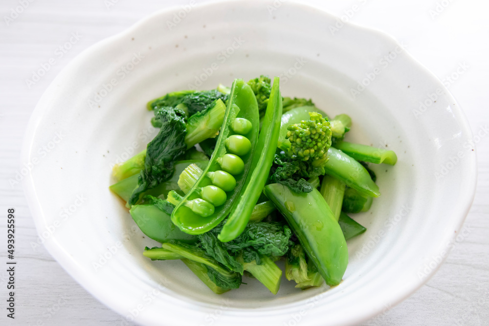 副菜 スナップエンドウと菜の花のお浸し 副菜 スナップエンドウと菜の花のお浸し