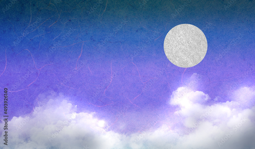 箔入り和紙 紫色の夜空に浮かぶ銀色の満月の和風背景イラスト Stock Illustration Adobe Stock