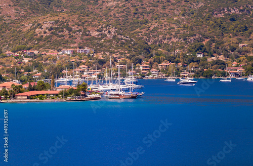 view of the sea bay with boats from the hill. beaautiful landscape view with blue sea on summer