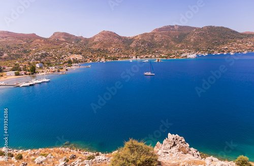 view of the sea bay with boats from the hill. beaautiful landscape view with blue sea on summer