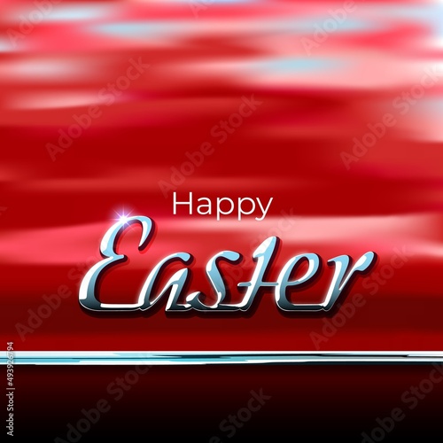 Happy Easter. Easter card in car style. Shiny chrome logo on background of red car body with reflection. Auto theme. Greeting card for custom, spare parts suppliers, dealers. Vector illustration