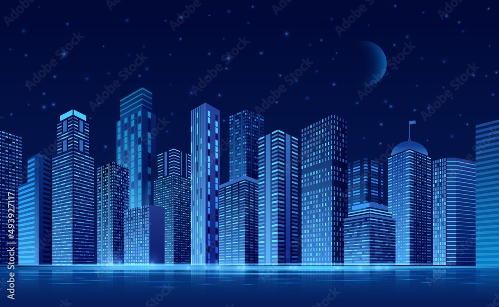 Futuristic city. Neon architecture landscape with skyline in dark. Night 3d urban skyscraper concept. Lights building silhouettes, exact vector background