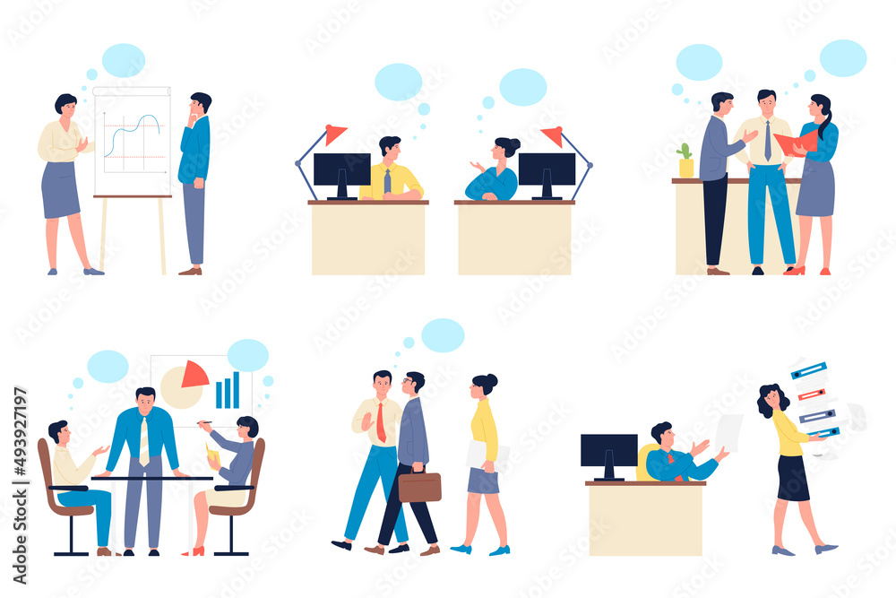Business people communication. Employees discussions and conference. Entrepreneurs team talk, meeting and communication recent vector characters