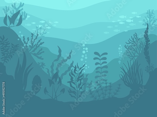 Underwater background with seaweed. Below water, ocean reef with seaweeds and fish silhouettes. Cartoon sea with algae, neat vector marine scene