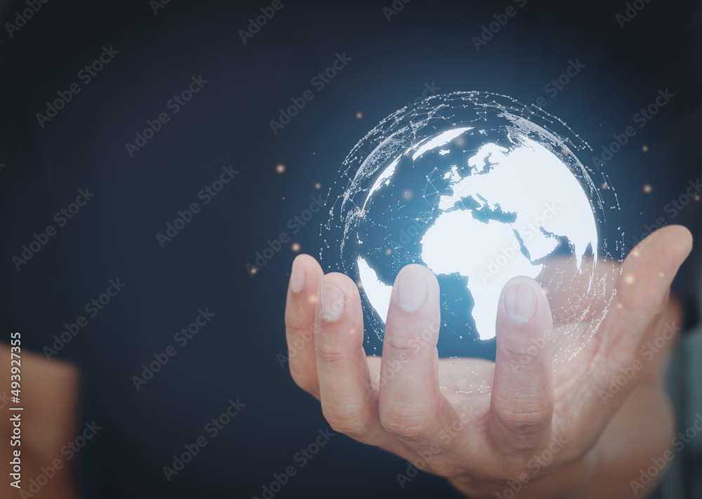 Businessman holding Global network connection. Big data analytics and business intelligence concept. Digital link tech, data exchanges, technology information and transformation concept. Businessman holding Global network connection. Big data analytics and business intelligence concept. Digital link tech, data exchanges, technology information and transformation concept.
