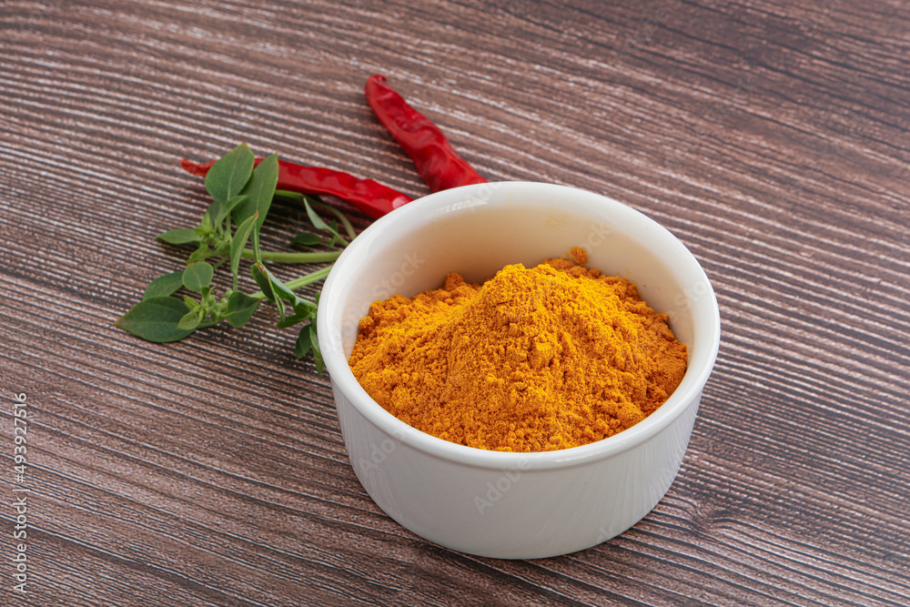 Yellow vibrant curcuma powder in the bowl Yellow vibrant curcuma powder in the bowl