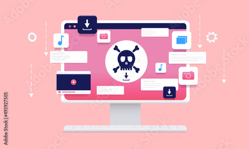 Online piracy - Computer with pirate skull on red screen downloading files illegally from internet. Vector illustration