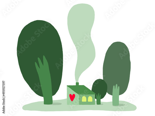 Small tiny cozy house with a heart symbol on it and smoking chimney surrounded by green trees on a white background (ID: 493927597)