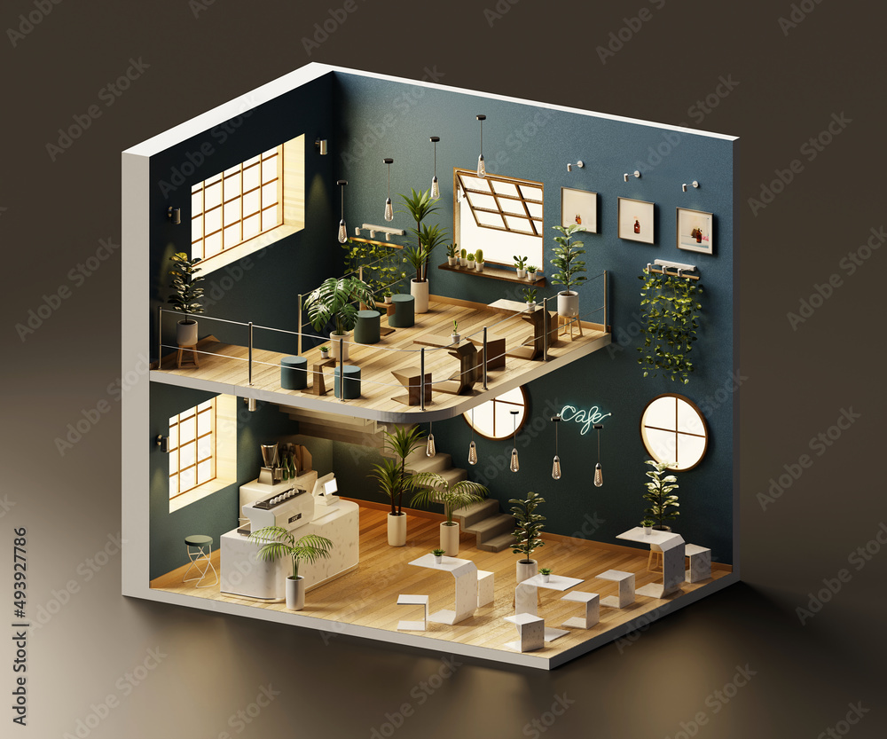 Isometric view minimal cafe store open inside interior architecture, 3d  rendering. Иллюстрация Stock | Adobe Stock