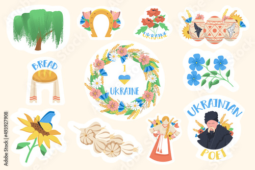 Ukraine stickers set. Bundle of Ukrainian cultural symbols, poet Shevchenko, flowers wreath, Easter eggs, bread and other badge. Vector illustration with isolated printed material in flat design photo