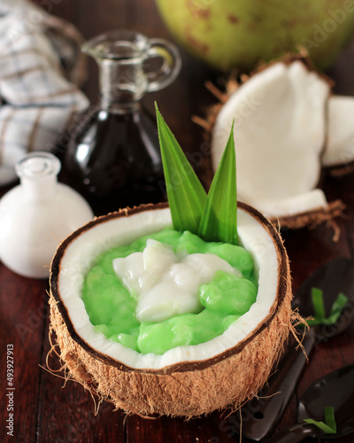 Bubur Sumsum Pandan  Green Rice Porridge with Coconut Milk and Brown Sugar Sauce