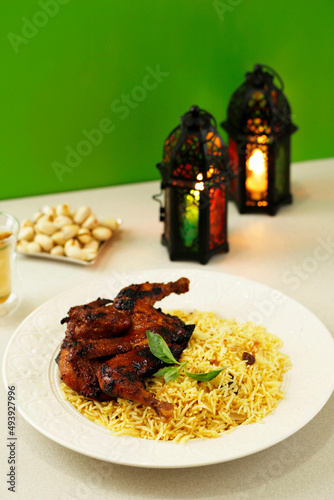 Kashmiri Pulao Made of Basmati Rice Cooked with Spices and Flavored with Roasted Chicken, Nuts, and Dry Fruits photo