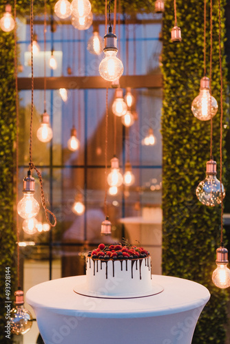 Stylish modern wedding cake. Beautiful delicious dessert decorated with fresh flowers and greenery.