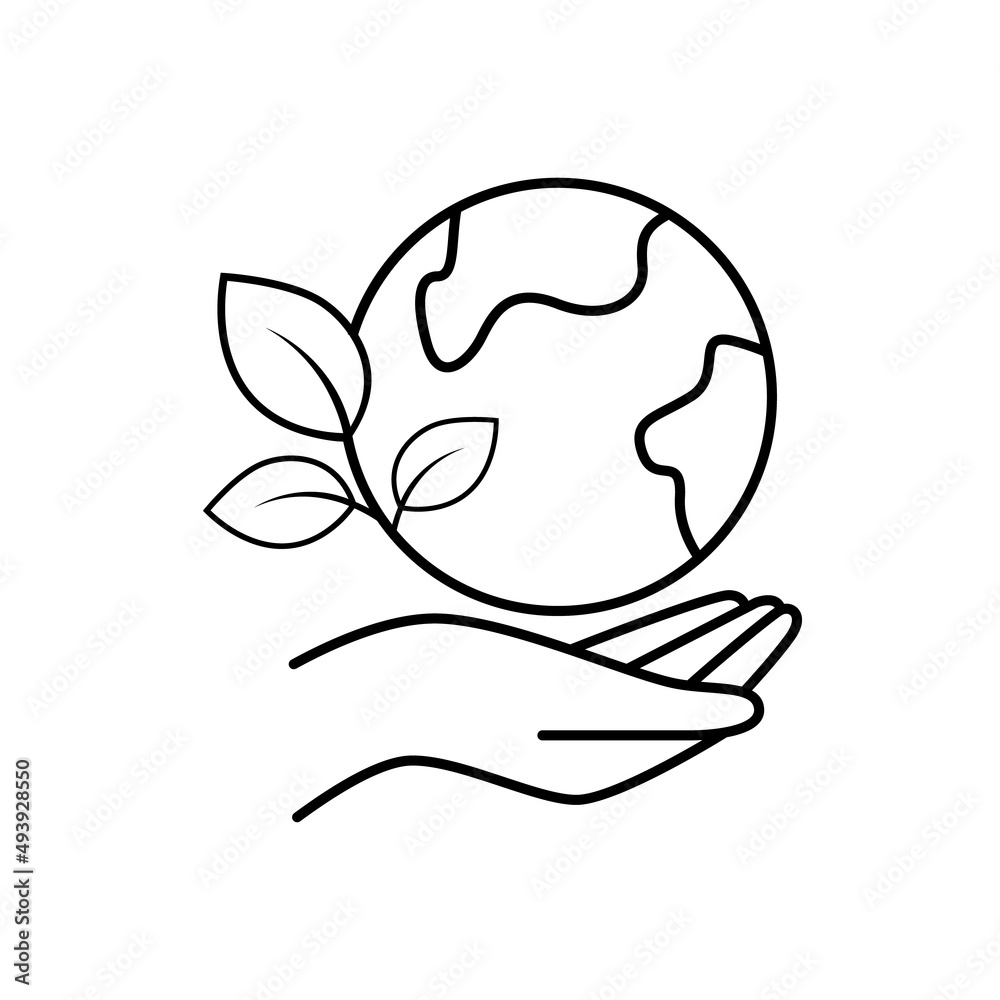 Planet earth and leaves in hand. Let's save a green planet and peaceful life on Earth. Symbol of ecology, nature, healthy future of the planet. Black vector outline icon Planet earth and leaves in hand. Let's save a green planet and peaceful life on Earth. Symbol of ecology, nature, healthy future of the planet. Black vector outline icon