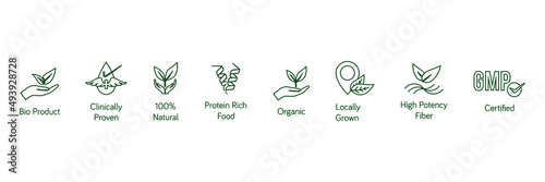 bioproduct, clinically proven, 100% natural, protein-rich food, organic, locally grown, high potency fiber, GMP line icon vector illustration 