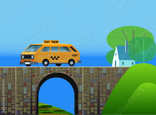 Yellow taxi van moving on a stone bridge in a countryside
