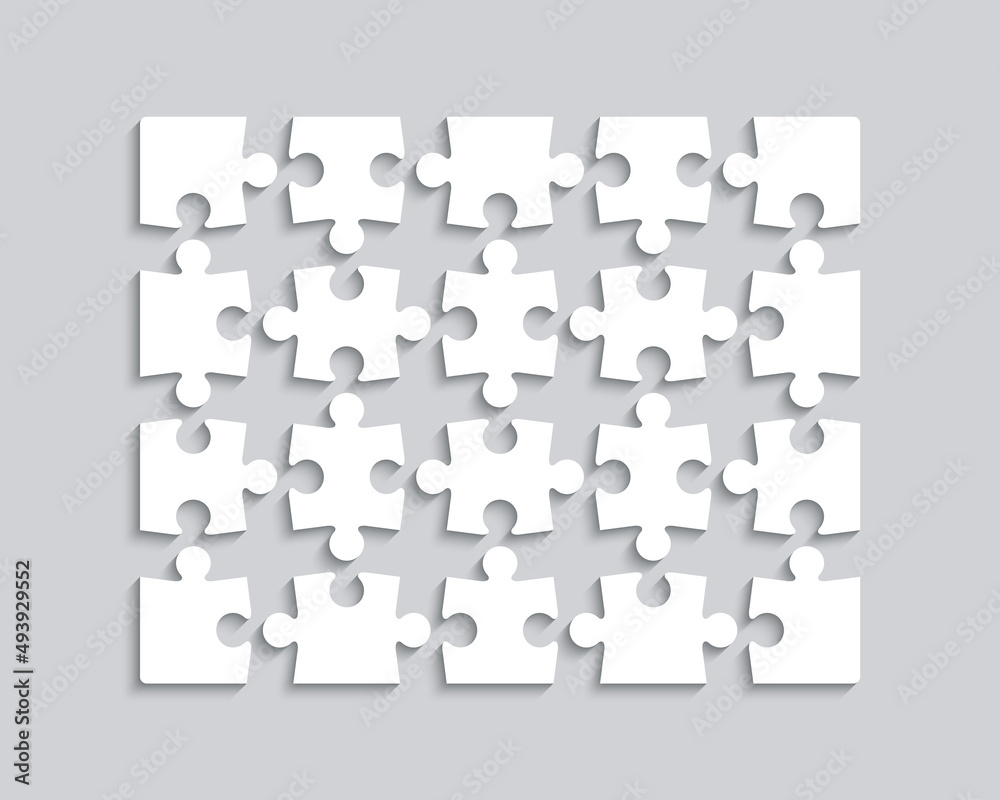 Puzzle pieces. Jigsaw grid. Simple mosaic layout with 20separate shapes. Thinking game on gray background. Laser cut frame. Vector illustration.