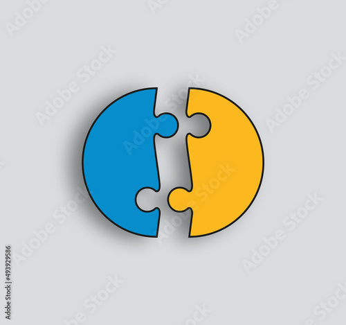 Puzzle pieces. Jigsaw grid. Thinking mosaic game with 2 details stylized in circle shape. Laser cut frame. Simple background with color separate shapes. Vector illustration.
