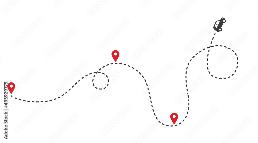 Car route monochrome concept with automobile path and map pointers. Isolated vector Car route monochrome concept with automobile path and map pointers. Isolated vector