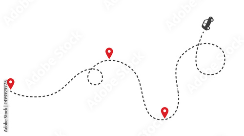 Car route monochrome concept with automobile path and map pointers. Isolated vector