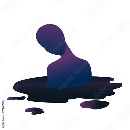 The silhouette of the torso of a person with a bowed head is immersed in a purple puddle or swamp. The concept of an abusive relationship with a narcissist and feelings of the victim's personality.