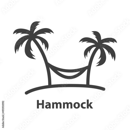 Beach holidays. Destino de vacaciones. Logotipo con texto Hammock con silueta de isla con 2 palmeras con hamaca con líneas en color gris