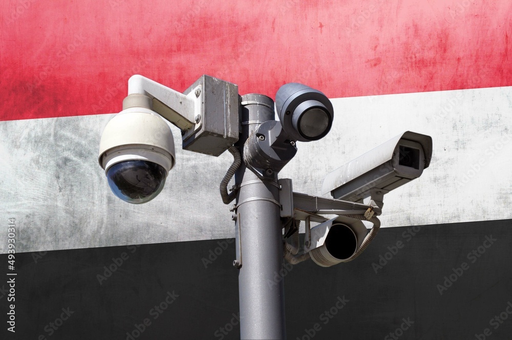Closed circuit camera Multi-angle CCTV system against the background of the national flag of Yemen. Closed circuit camera Multi-angle CCTV system against the background of the national flag of Yemen.
