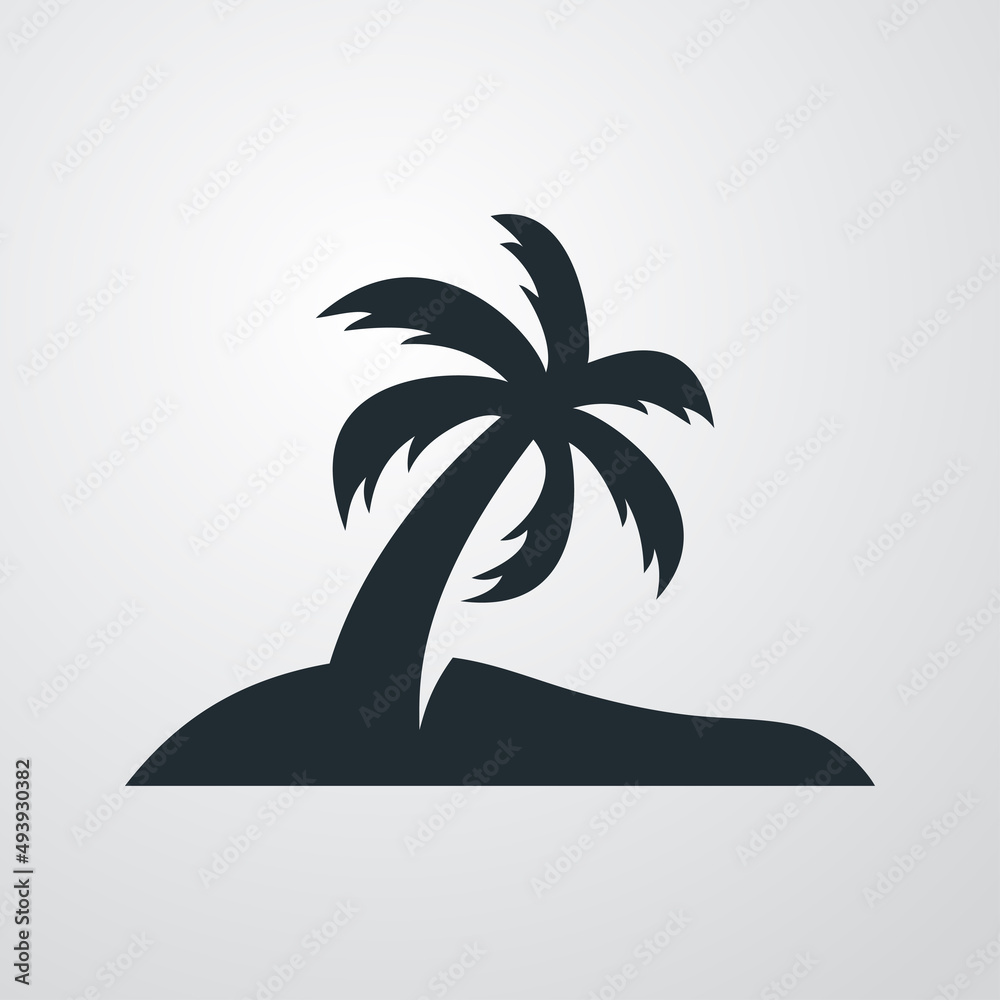 Beach holidays. Destino de vacaciones. Icono plano silueta de isla con palmera en fondo gris
