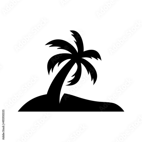Beach holidays. Destino de vacaciones. Icono plano silueta de isla con palmera en color negro