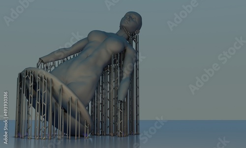 3d illustration of a woman being made with a stereolithography 3d printer. photo