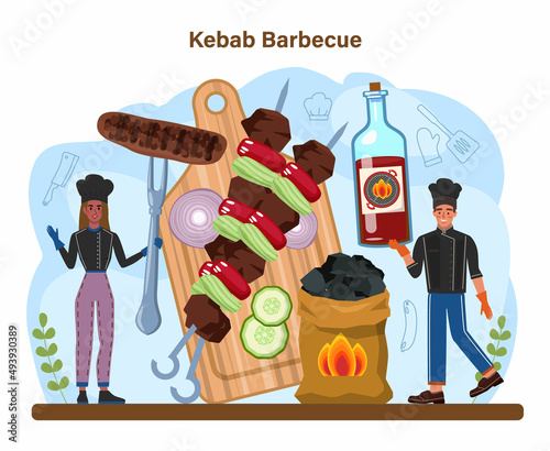BBQ steak. Grilled meat with vegetables. Delicious barbecue with a hot