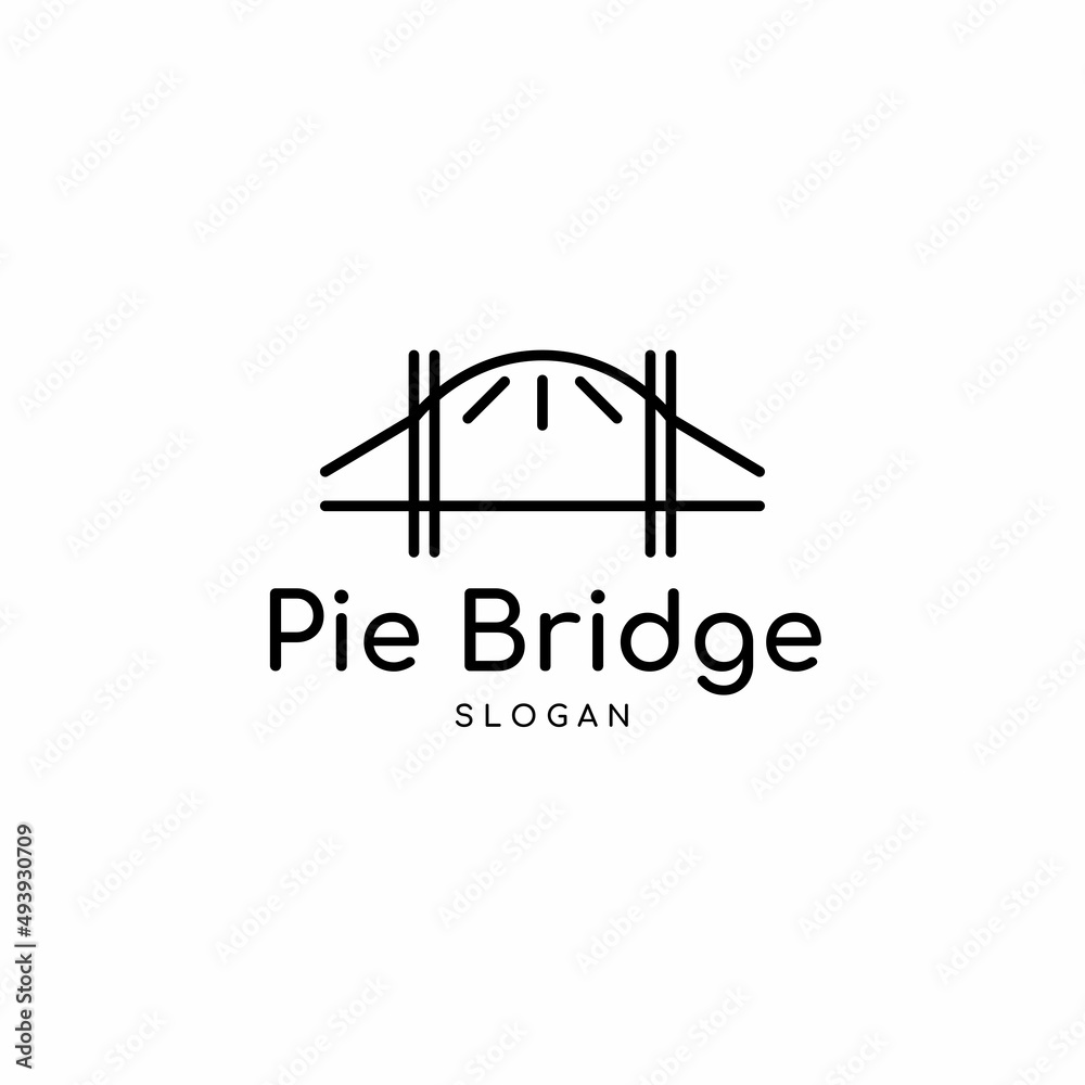Pie bridge logo design inspiration. Minimalist line art combination cake pie with bridge logo template. Vector Illustration